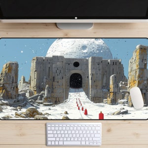 Inter-Galactic Pilgrimage Desk Mat, Sci-fi Desk Pad, Moon Mousepad, Ancient Ruins Desk Topper, Alien Planet Laptop Mat, Comic Book Art
