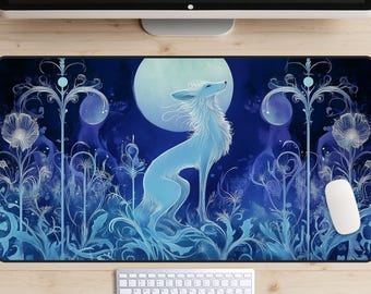 May include: A blue and white mousepad with a stylized illustration of a fox standing in a field of flowers under a full moon. The fox is facing the right side of the image and has its head tilted up. The background is a dark blue with white and blue flowers and vines.