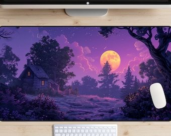 May include: A rectangular mouse mat with a digital art landscape depicting a cabin, trees, and a full moon in purple, orange, and green hues. A white mouse and keyboard are visible.