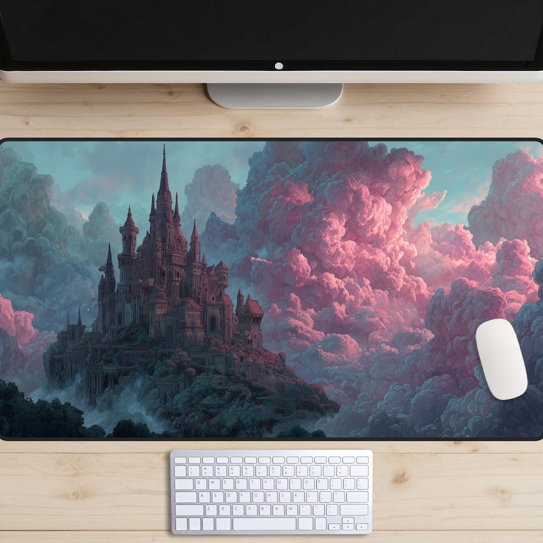 Epic Fantasy Castle Desk Mat, Pink & Teal Dreamy Cloud Mouse Pad, Large ...