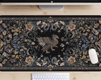 Griffin Tapestry Desk Mat, Medieval Beast Desk Pad, High Fantasy Desk Topper, Castle Decor Mousepad, Cottagecore Wildflowers, Noble, Legend