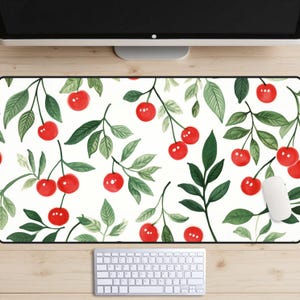 Tapis de bureau cerises douces, sous-vêtement de bureau cerise rouge, dessus de bureau vignes sauvages, tapis de souris verdure vintage, tapis d'ordinateur portable à motif végétal rétro, cottagecore