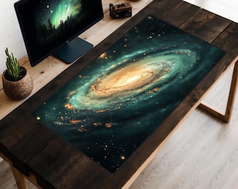 Emerald Galaxy Desk Mat, Green Nebula Desk Pad, Deep Space Painting Desk Topper, Sci Fi Stars Mousepad, Outer Space Travel, Sage Galaxies