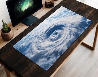 Eye of the Storm Desk Mat, Swirling White Clouds Desk Pad, Weather Viewed From Space Desk Topper, Hurricane Vortex Mousepad, Extreme Weather