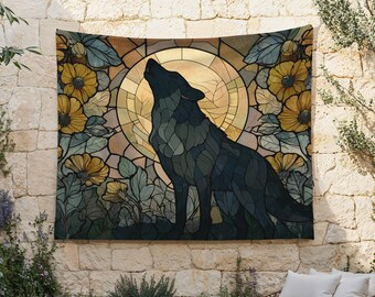 Stained Glass Wolf Tapestry, Dark Academia Wall Hanging, Gothic Moon Wolf Art, Large Fabric Wall Decor for Living Room, Botanical Floral Art