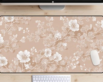 Delicate Floral Pattern Desk Mat, Beige and White Flower Desk Pad, Aesthetic Desk Topper, Minimalist Mousepad, Tan Office Desk Mat, Bohemian
