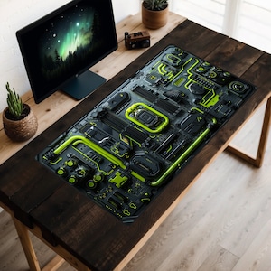 Neon Green Cyberpunk Circuit Board Desk Mat, Mecha Desk Pad, Sci-fi Mousepad, Hardware Laptop Mat, FPS Gaming, Future Industrial, Mainframe