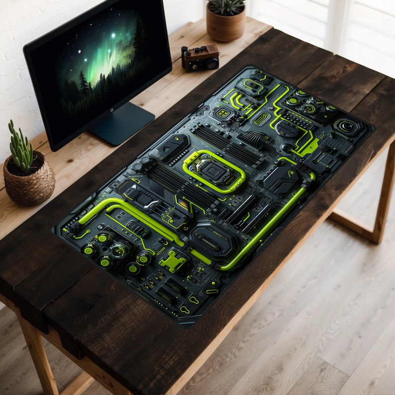 Neon Green Cyberpunk Circuit Board Desk Mat, Mecha Desk Pad, Sci-fi Mousepad, Hardware Laptop Mat, FPS Gaming, Future Industrial, Mainframe