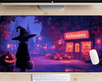 Little Witch Goes Shopping Desk Mat, Grimoires Shop Desk Pad, Halloween Desk Mat, Witchy Desk Topper, Magic Boutique Mousepad, Fantasy
