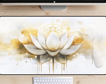 Golden Lotus Flower Desk Mat, Sacred Geometry Desk Pad, Floral Watercolor Desk Topper, Water Lily Mousepad, Sacred Lotus Laptop Mat, Zen