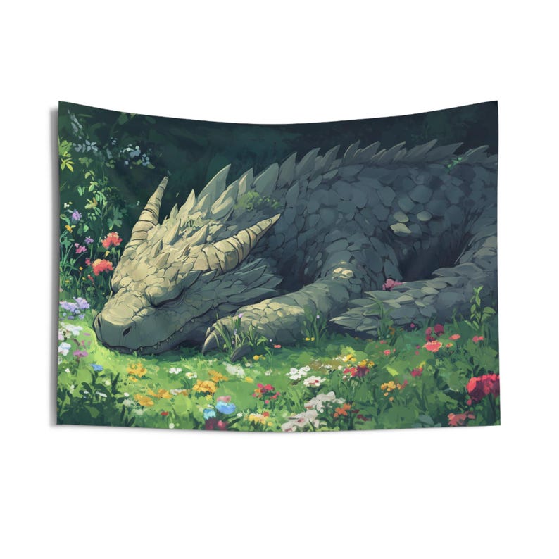 Sleeping Dragon Tapestry, Earth Dragon Wall Hanging, Fantasy Garden Wall Art, Wyvern Wall Decor, MTG Tapestry, Legendary Creature, Cute Gift image 8