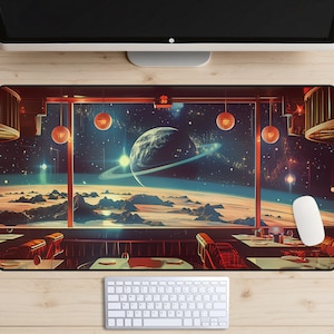 Alfombrilla de escritorio Space Diner, almohadilla de escritorio para parada de descanso en el espacio exterior, topper de escritorio Galaxy Hitchhiker, alfombrilla de ratón Space Opera, alfombrilla para ordenador portátil de ciencia ficción, Cyberpunk