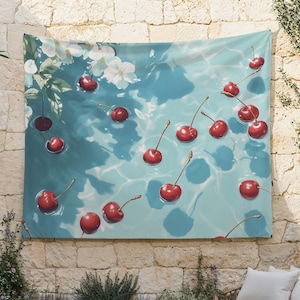 Cherries Floating Down The Stream Tapestry, Red Cherries in Bright Blue Water Wall Hanging, Cherry River Wall Decor, Cherry Blossom Wall Art