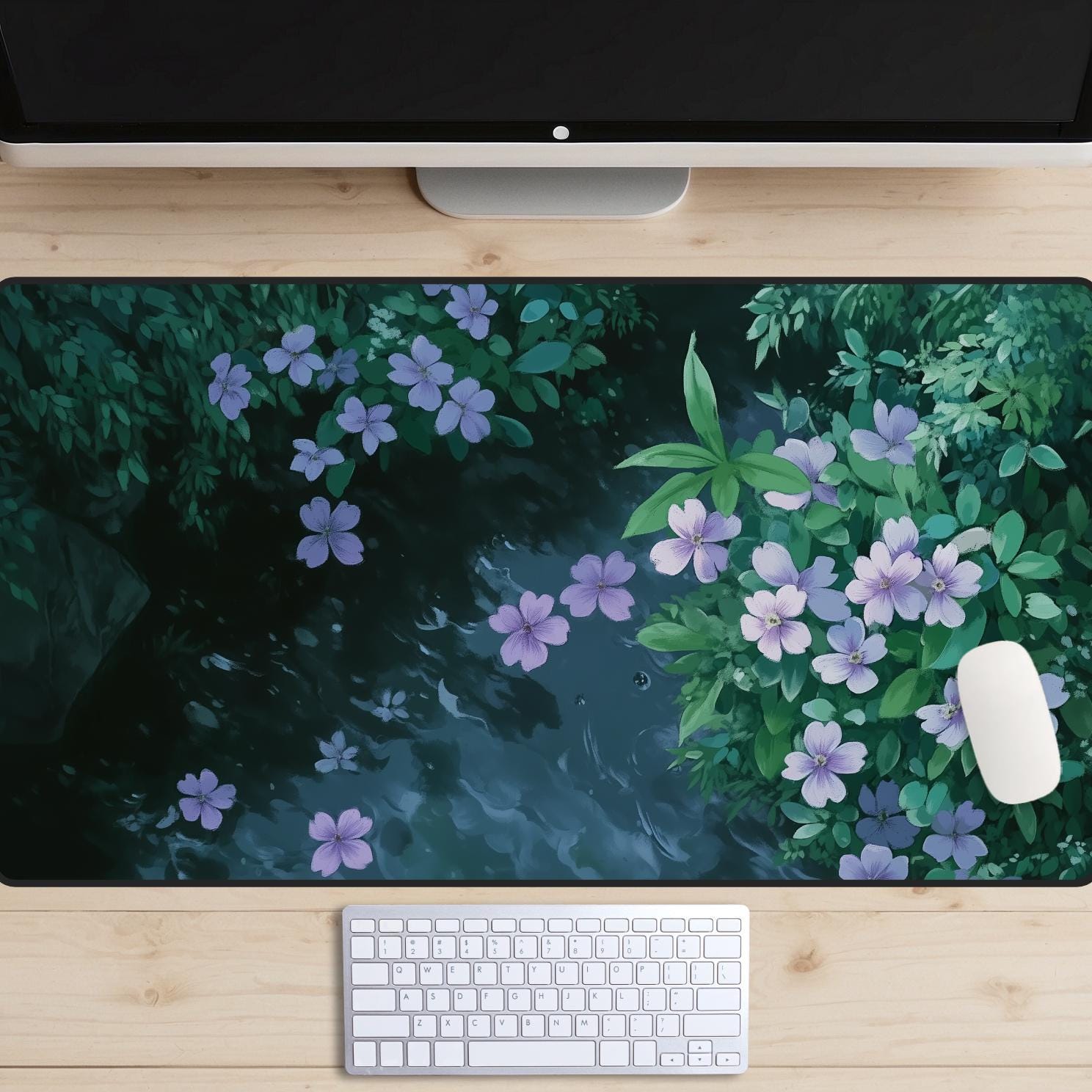 Violets in a Cool Mountain Stream Desk Mat, Purple Flowers Desk Pad, Gentle Creek Wildflowers Mousepad, Lofi, Botanical Laptop Mat, River