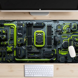 Neon Green Cyberpunk Circuit Board Desk Mat, Mecha Desk Pad, Sci-fi Mousepad, Hardware Laptop Mat, FPS Gaming, Future Industrial, Mainframe