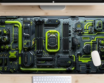 Neon Green Cyberpunk Circuit Board Desk Mat, Mecha Desk Pad, Sci-fi Mousepad, Hardware Laptop Mat, FPS Gaming, Future Industrial, Mainframe