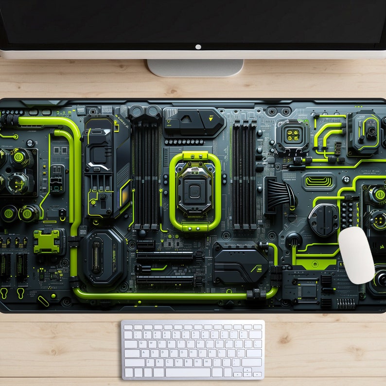 Neon Green Cyberpunk Circuit Board Desk Mat, Mecha Desk Pad, Sci-fi Mousepad, Hardware Laptop Mat, FPS Gaming, Future Industrial, Mainframe