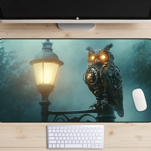 May include: A steampunk owl with glowing yellow eyes perched on a lamppost in a foggy forest setting. The owl is made of metal gears and has a detailed design.