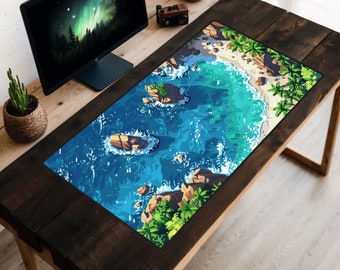 Lofi Beach Cove Desk Mat, Sea Mousepad, Ocean Desk Pad, Video Game Art Play, MTG Play Mat, Cute Laptop Mat, Blue Waters, Peaceful Office