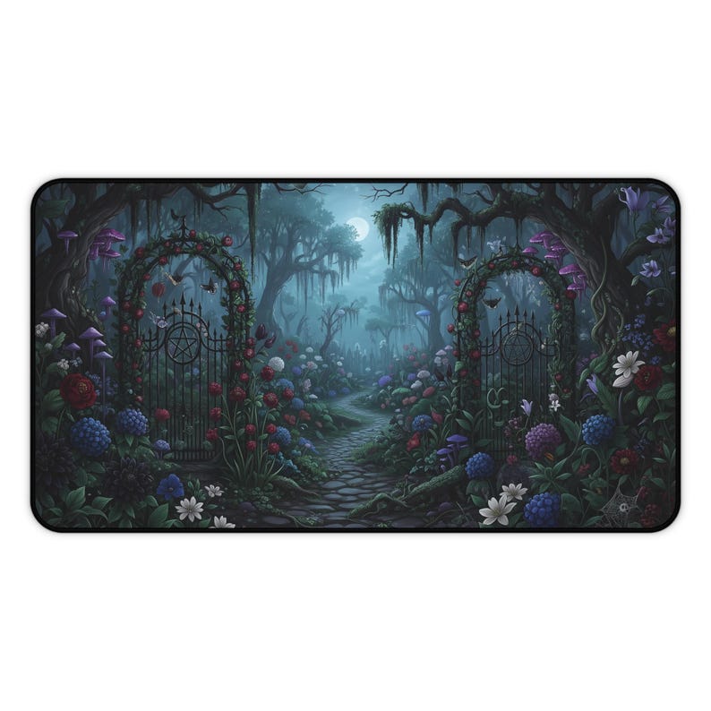 Tappetino da scrivania Night Forest, tappetino per mouse Witchy Moonlit Forest Gate, tappetino da gioco Dark Cottagecore XL, decorazione per altare da giardino mistico, Whimsigoth immagine 7