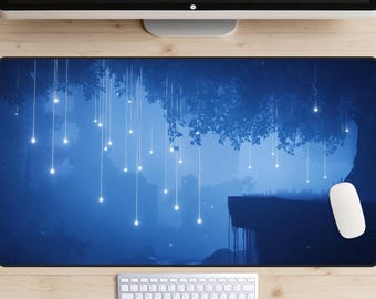 Blue Dusk in the Forest Desk Mat, Fantasy Wood at Night Desk Pad, Blue Gradient Desk Topper, Video Game Background Art Mousepad, Sacred Tree