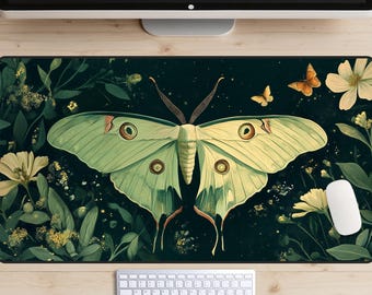 Luna Moth Desk Mat, Wildflowers Desk Pad, Cottagecore Moth Desk Topper, Green Nature Mousepad, Aesthetic Keyboard Mat, Trendy Workspace