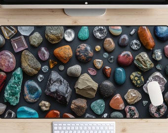 Rock and Mineral Desk Mat, Semi-Precious Stones Desk Pad, Geology Mousepad, Nature Lover Gift, MTG Play Mat, Gaming Setup, Home Office
