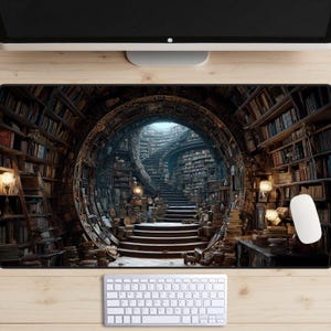 May include: A rectangular mouse pad featuring a detailed illustration of a library with spiral staircases and bookshelves. The image has a warm, inviting color palette with a keyboard and mouse in the foreground.