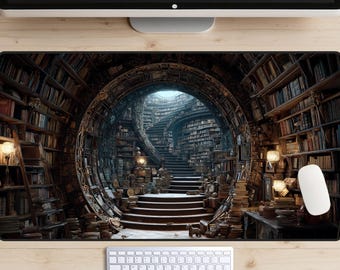 Underground Library Desk Mat, Dark Academia Desk Pad, Book Lover Desk Topper, Fantasy Bookshelves Mousepad, Magical Desk Decorations