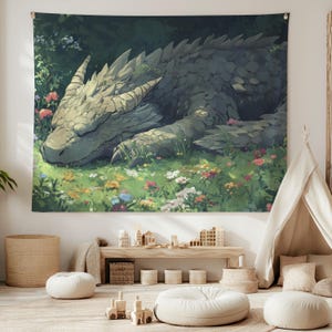 Sleeping Dragon Tapestry, Earth Dragon Wall Hanging, Fantasy Garden Wall Art, Wyvern Wall Decor, MTG Tapestry, Legendary Creature, Cute Gift