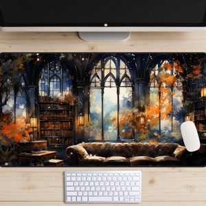 Podkładka pod mysz Enchanted Library, Magiczna estetyczna podkładka pod mysz, Magiczna mata do zabawy, Podkładka pod laptopa dla miłośników książek, Fantastyczna podkładka na biurko, Romantyczny wystrój, Mistyczny