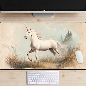 Alfombrilla de escritorio con pintura de unicornio vintage, alfombrilla de escritorio clásica con unicornio, adorno para escritorio con caballo mítico, alfombrilla para portátil de maderas de fantasía, colores suaves, bonita, kawaii