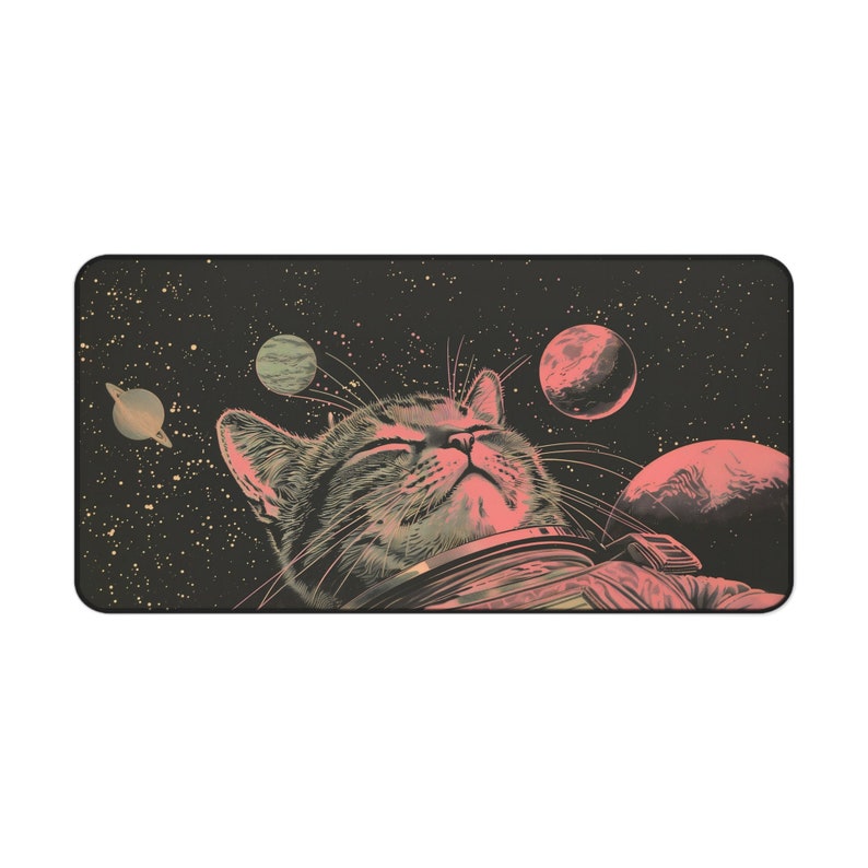 Podkładka na biurko z motywem kota kosmicznego, podkładka na biurko z motywem kota kosmicznego, nakładka na biurko z motywem kota astronauty w stylu vintage, podkładka pod mysz z motywem science fiction, podkładka na laptopa w stylu plakatu szkolnego zdjęcie 6