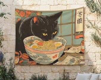 Cats Love Ramen Tapestry, Ramen Shop Wall Hanging, Black Cat Wall Cloth, 90's Tokyo Pop Art Background Cloth, Lofi Kitty Cloth Hanging