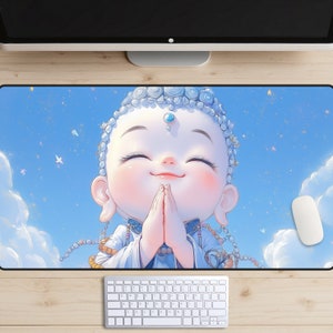 Alfombra de escritorio de Buda bebé sonriente, linda almohadilla de escritorio de Buda, topper de escritorio budista Kawaii, alfombra para computadora portátil de tierra pura, alfombra de juego de budismo, estética pacífica