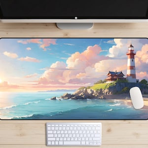 Tapis de bureau phare, tapis de souris océan, sous-vêtement mer, décoration de bureau paisible, cadeaux de jeu, tapis de jeu de cartes, tapis de bureau Lofi, décorations de plage