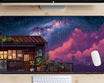 Lofi Tokyo Coffee Shop Desk Mat, Cozy Aesthetic Desk Pad, Retro Gaming Desk Topper, Pixel Art Cityscape Mousepad, Purple Night Sky, Dreamy
