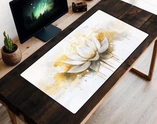 Tappetino Per Mouse Grande 80x30 Cm | Motivo Floreale Oro E Loto, Base Antiscivolo, Bordi Cuciti, Morbido