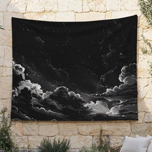 真夜中の夢のタペストリー、星の布の吊り下げ、白黒の雲の風景、夜間の壁アート、天体の壁布、穏やかな宇宙、雲