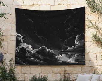 Midnight Dream Tapestry, Stars Cloth Hanging, Black and White Cloudscape , Nighttime Wall Art, Celestial Wall Cloth, Serene Cosmos, Clouds