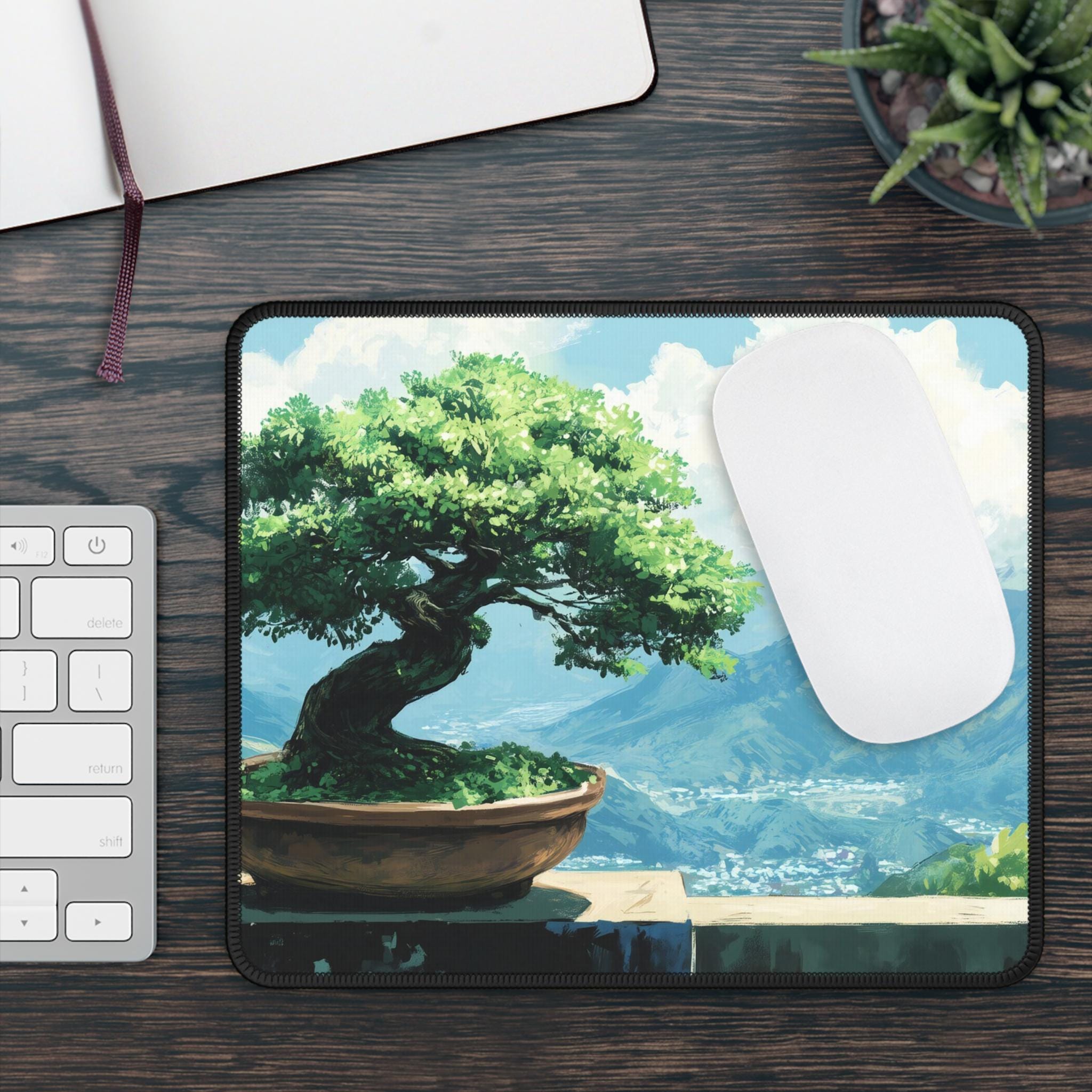 Bonsai Tree Desk Mat, Japanese Landscape Desk Pad, Green Trees Desk ...