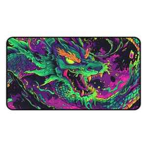 Wild Neon Dragon Desk Mat, Rad 90's Desk Pad, Vibrant Purple and Green Desk Topper, Cyberpunk Style Graffiti Mousepad, Urban Pop Art, Gaming image 7