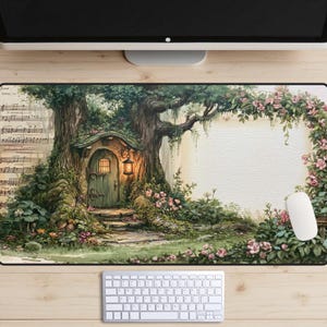 Pode incluir: Um tapete de secretária retangular com uma ilustração de fantasia de uma casa na árvore com porta verde, lanterna brilhante e flores cor-de-rosa. O lado esquerdo mostra partituras em pergaminho e o direito um espaço creme.