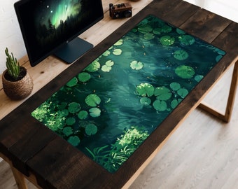 Green Lily Pad Desk Mat, Water Lilies Mouse Pad, Pond Desk Mat, Stream Play Mat, Tranquil Desk Mat, Botanical Desk Mat, Plant Desk Mat, Lofi