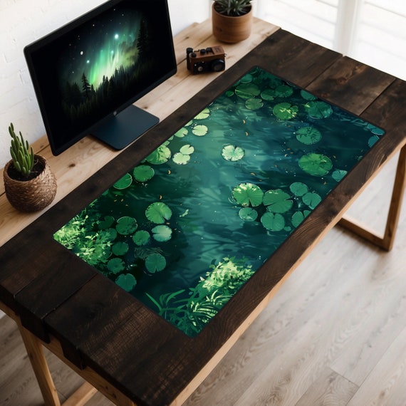 Green Lily Pad Desk Mat, Water Lilies Mouse Pad, Pond Desk Mat, Stream Play Mat, Tranquil Desk Mat, Botanical Desk Mat, Plant Desk Mat, Lofi