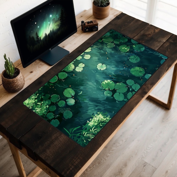 Alfombrilla de escritorio con nenúfar verde, alfombrilla de ratón con nenúfares, alfombrilla de escritorio con estanque, alfombrilla de juego con arroyo, alfombrilla de escritorio con tranquilidad, alfombrilla de escritorio botánica, alfombrilla de escritorio con plantas, Lofi