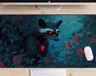 Waschbär König Schreibtischmatte, Waschbär Anführer Schreibtischunterlage, Waschbär im Rosengarten Schreibtisch Topper, MTG Spielmatte, Fantasy Mousepad, Edel Aasfresser