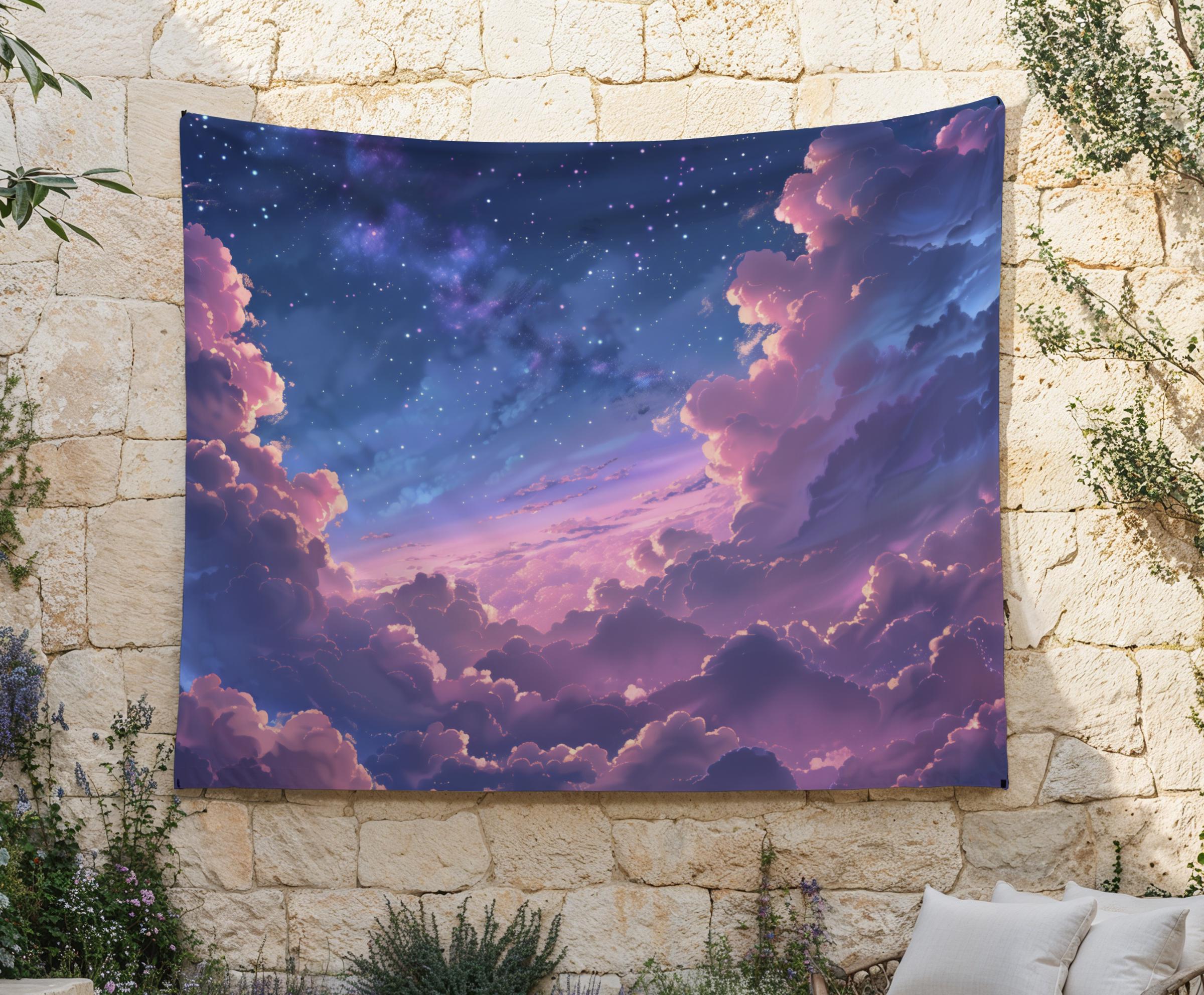 Celestial Clouds Tapestry, Cosmic Beauty Wall Hanging, Sunset Sky Wall Art, Pink Clouds Tapestries, Trendy Workspace, Pink Aesthetic