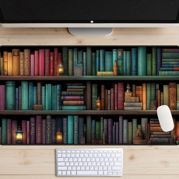 Colorful Bookshelf Desk Mat, Books on a Shelf Desk Pad, Library Desk Topper, Dark Academia Mousepad, Fantasy Book Lover Laptop Mat, Reader