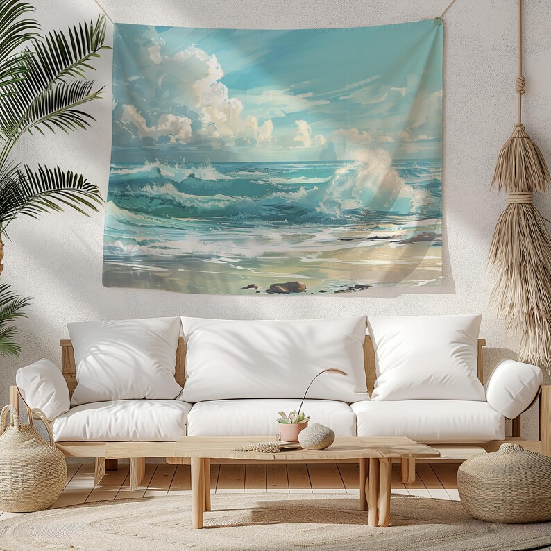 May include: A tapestry featuring a seascape with blue and white waves crashing on a sandy beach. The sky is a light blue with white clouds.